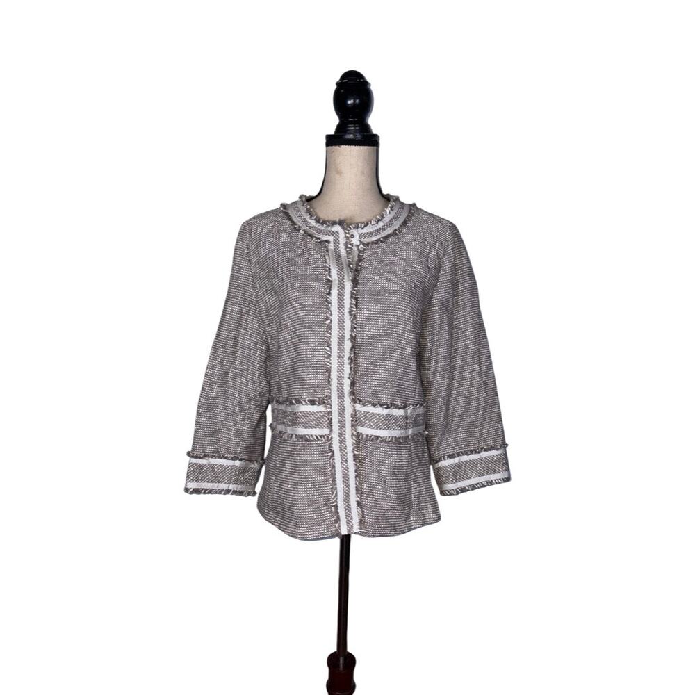 Lafayette 148 New York Beige Fringe Snap Front Tweed Blazer Jacket  Size: 10